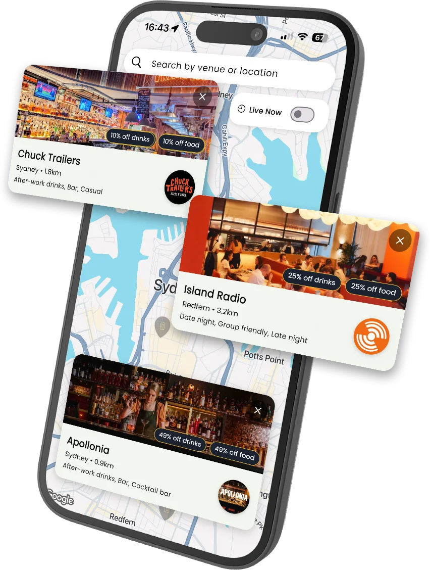 The Cellar Club app showing nearby venue offers on a map